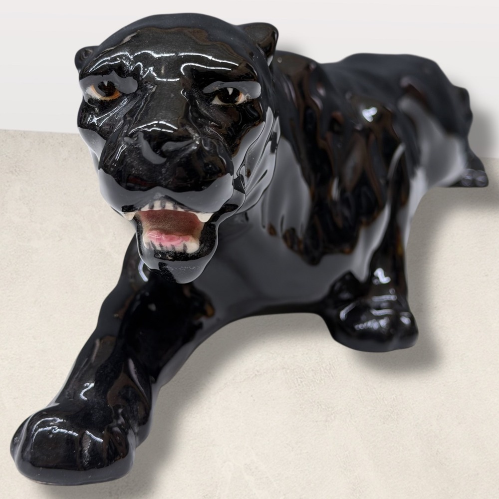 Vintage Mid Century Black Panther Figurine Japan MCM Ceramic Glossy 13.5 Inch